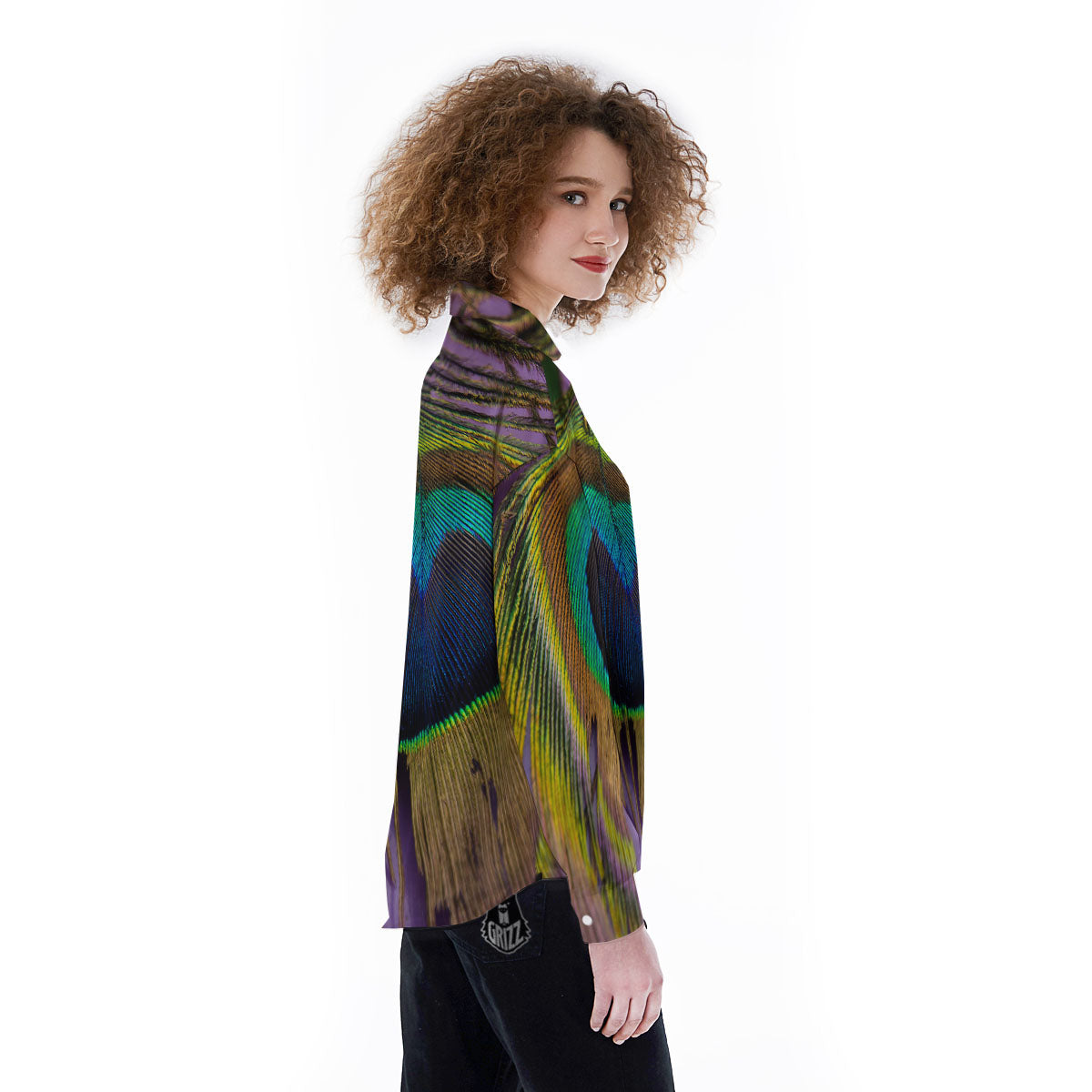 Peacock Feather Purple Bohemian Print Women's Long Sleeve Shirts-grizzshop