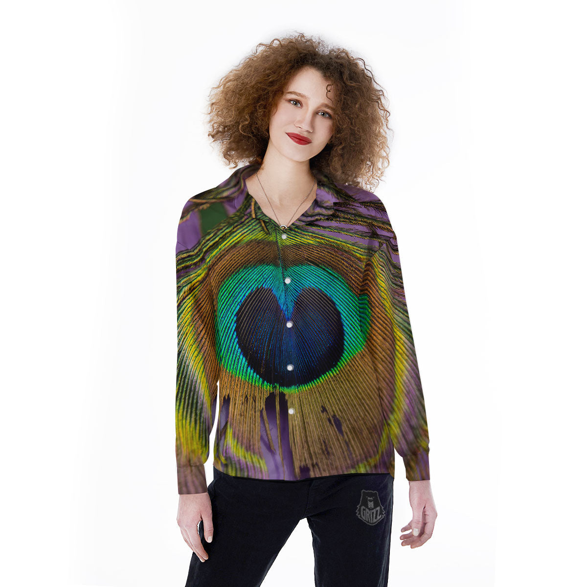 Peacock Feather Purple Bohemian Print Women's Long Sleeve Shirts-grizzshop