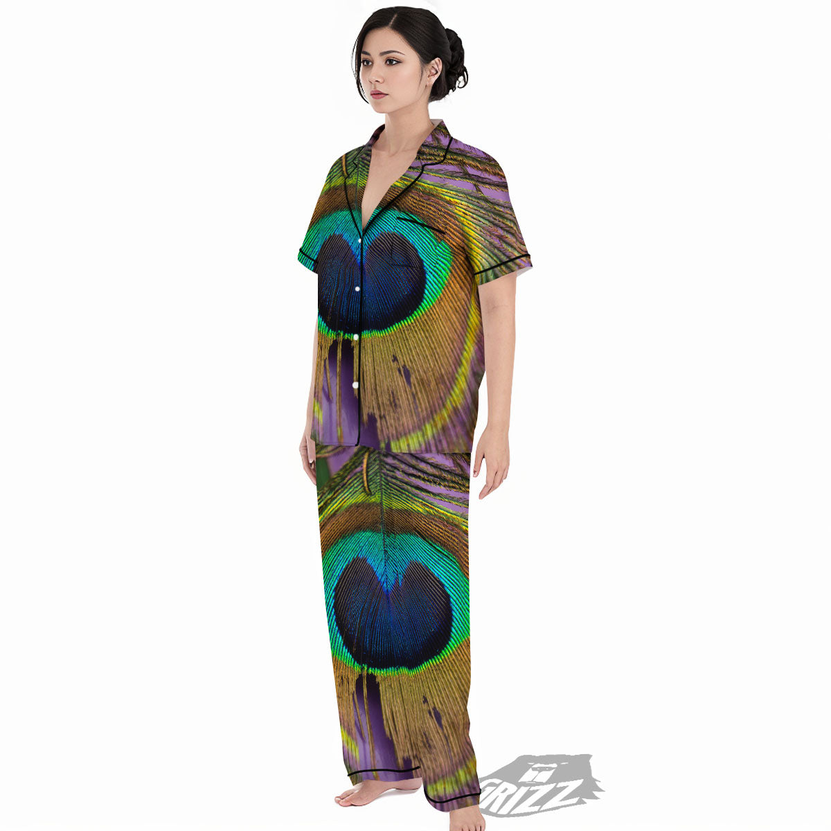 Peacock Feather Purple Bohemian Print Women's Pajamas Set-grizzshop
