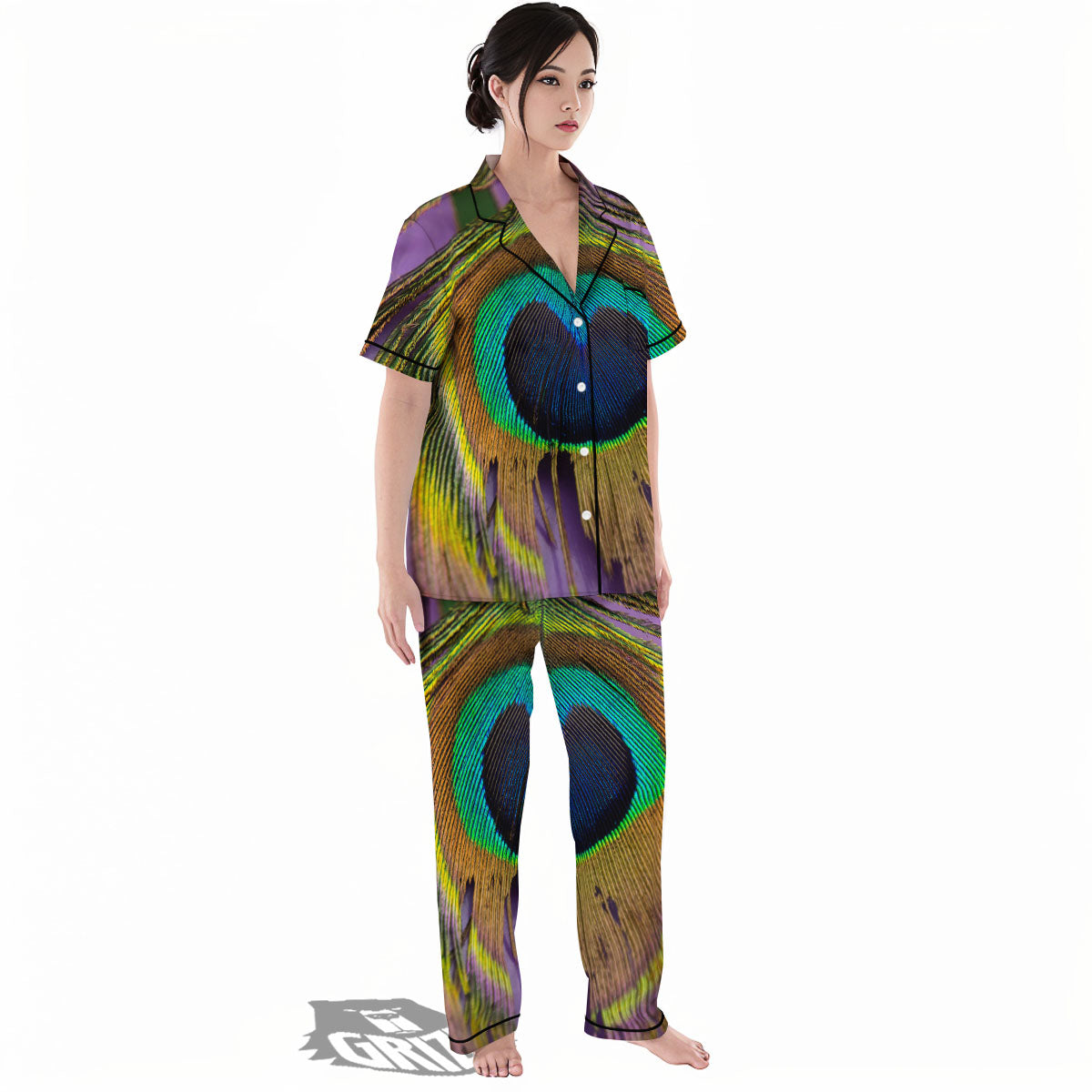 Peacock Feather Purple Bohemian Print Women's Pajamas Set-grizzshop