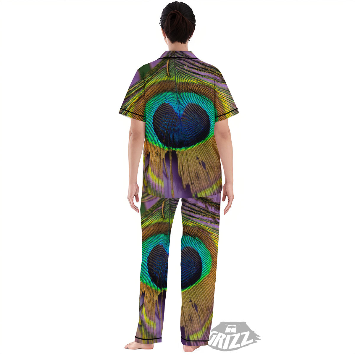 Peacock Feather Purple Bohemian Print Women's Pajamas Set-grizzshop