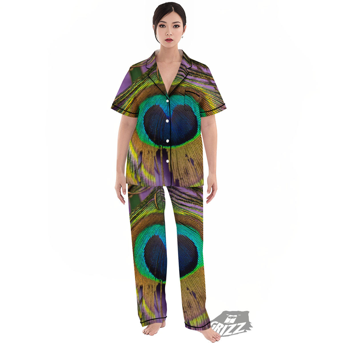 Peacock Feather Purple Bohemian Print Women's Pajamas Set-grizzshop