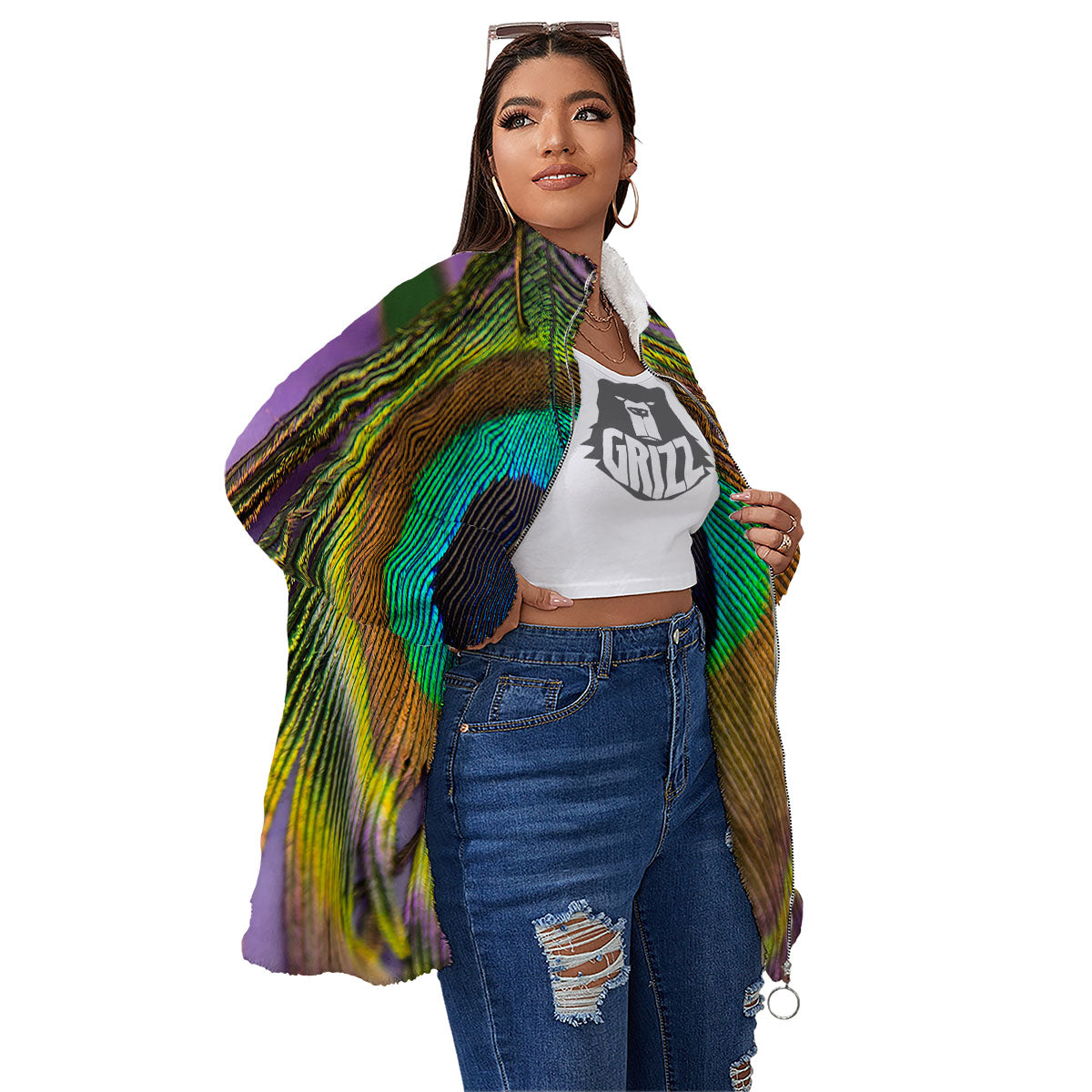 Peacock Feather Purple Bohemian Print Women's Sherpa Jacket-grizzshop