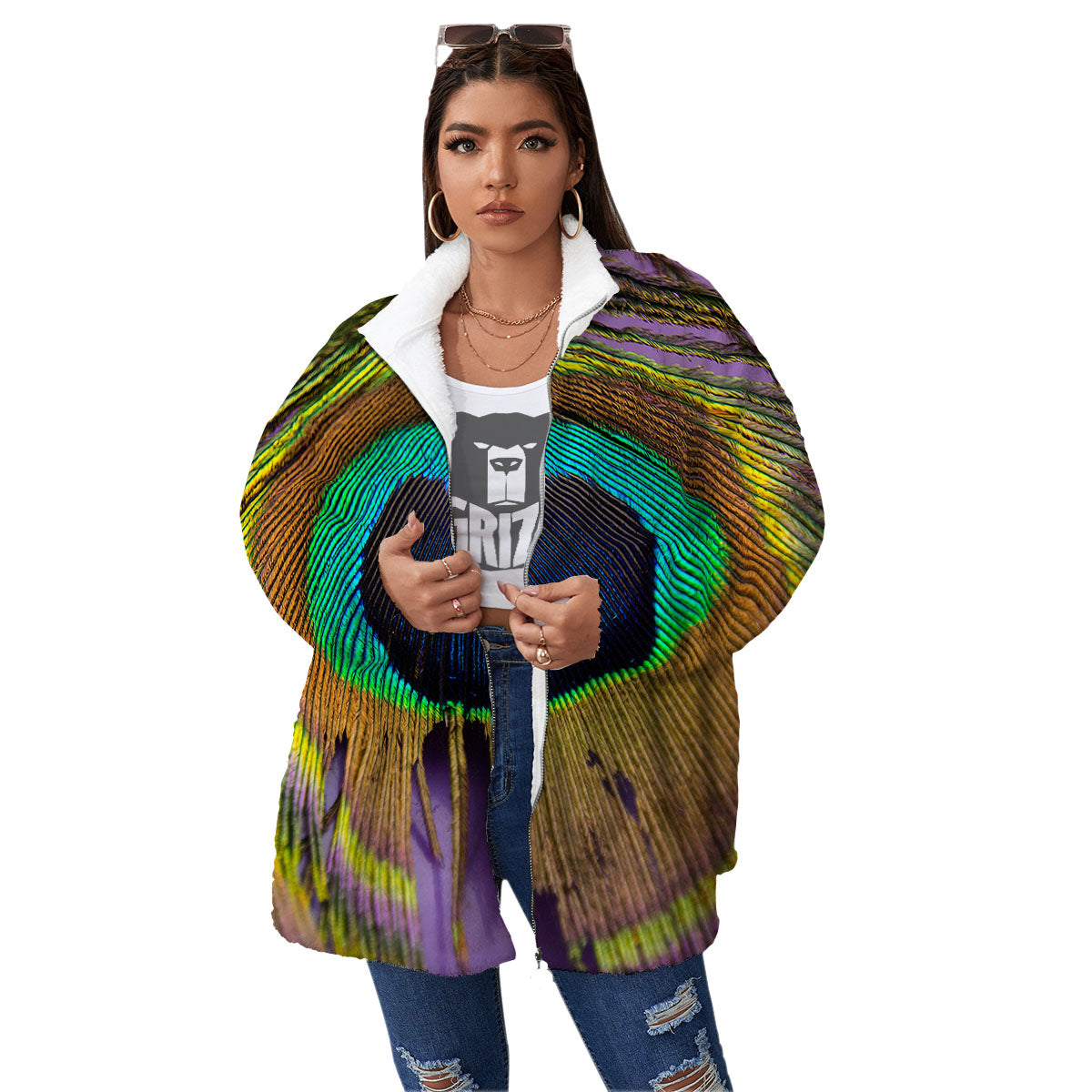 Peacock Feather Purple Bohemian Print Women's Sherpa Jacket-grizzshop