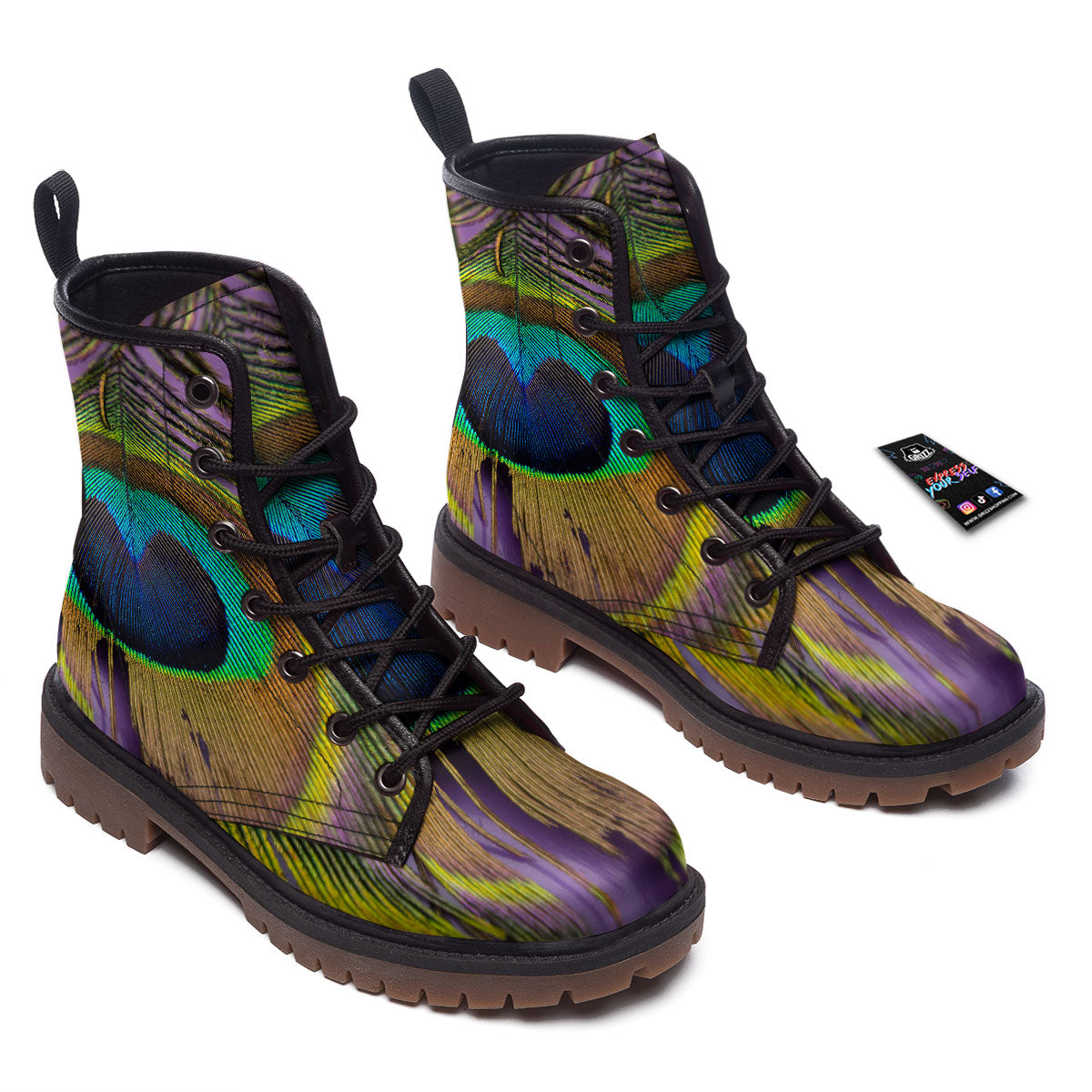 Peacock Feather Purple Bohemian Print Work Boots-grizzshop