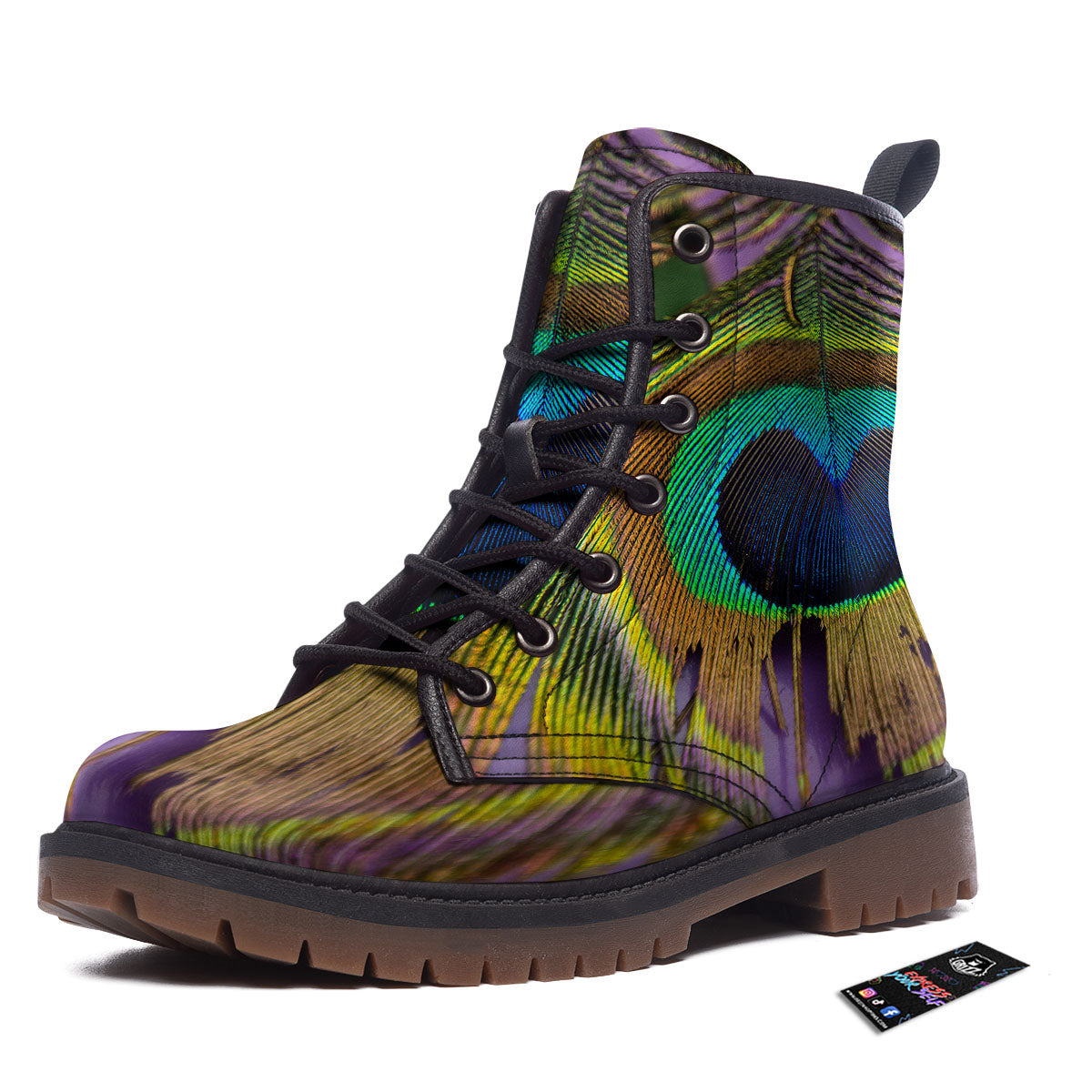 Peacock Feather Purple Bohemian Print Work Boots-grizzshop