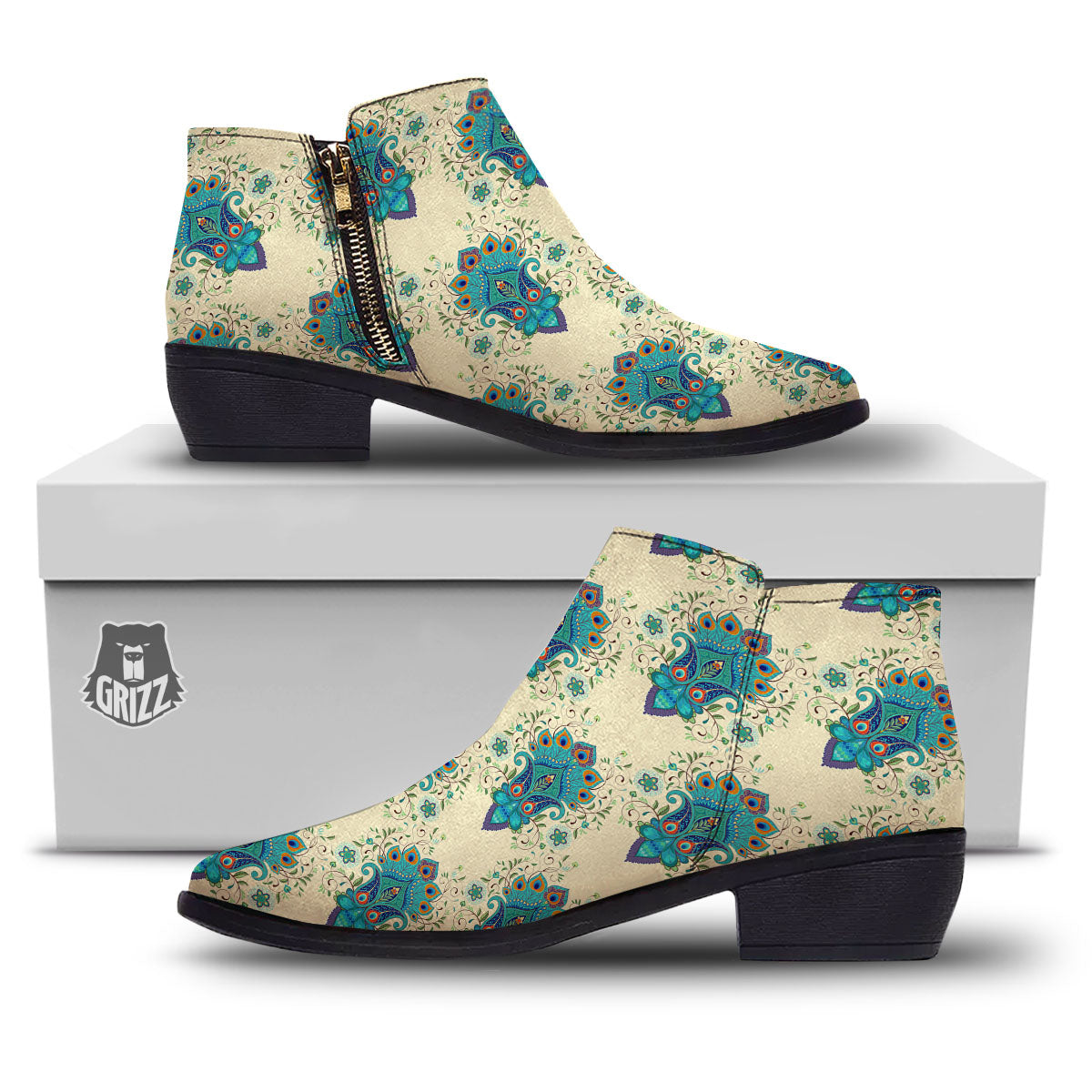 Peacock Feather Vintage Print Pattern Ankle Boots-grizzshop
