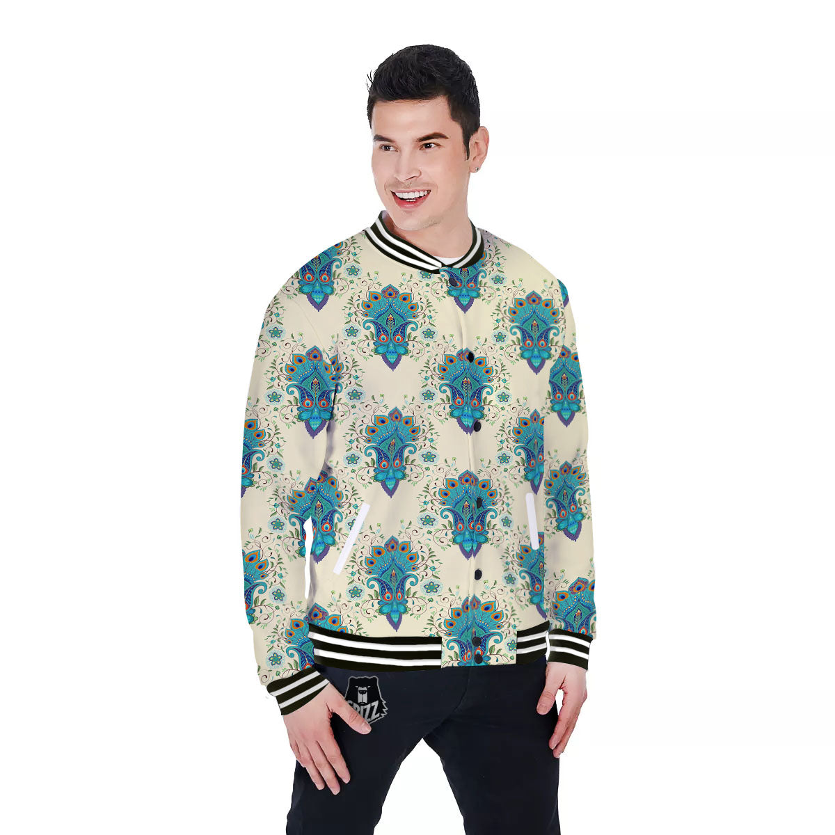 Peacock Feather Vintage Print Pattern Baseball Jacket-grizzshop