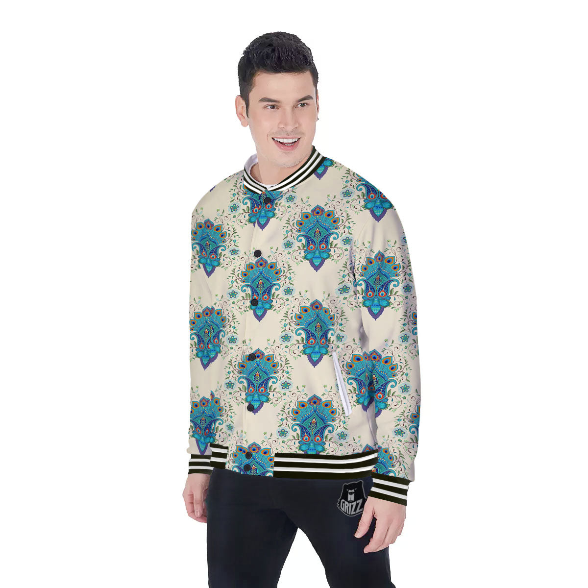 Peacock Feather Vintage Print Pattern Baseball Jacket-grizzshop