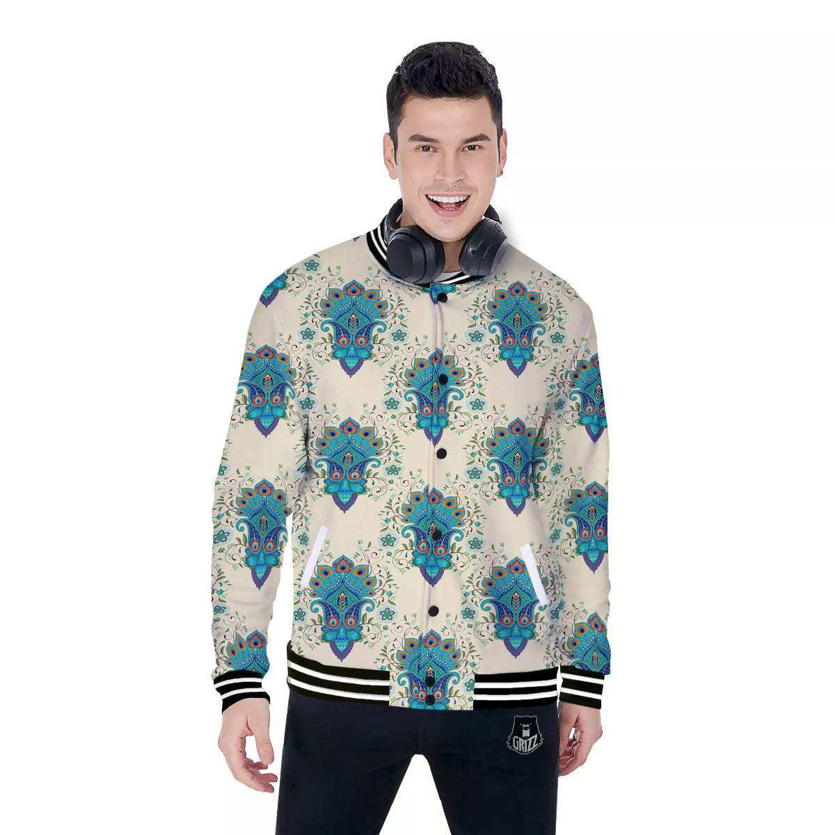 Peacock Feather Vintage Print Pattern Baseball Jacket-grizzshop