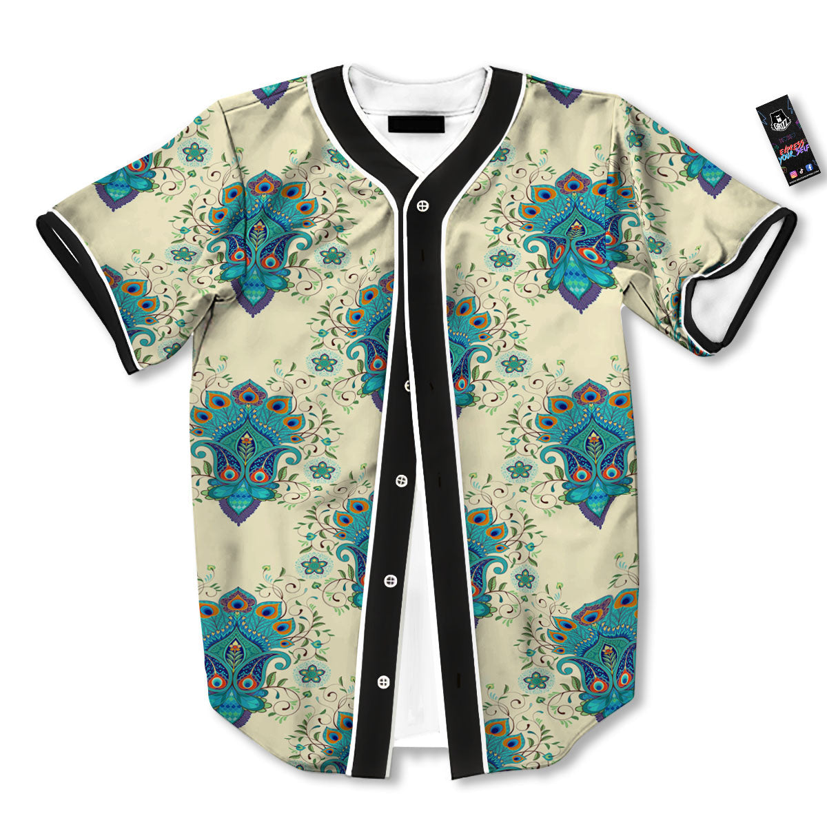 Peacock Feather Vintage Print Pattern Baseball Jersey-grizzshop