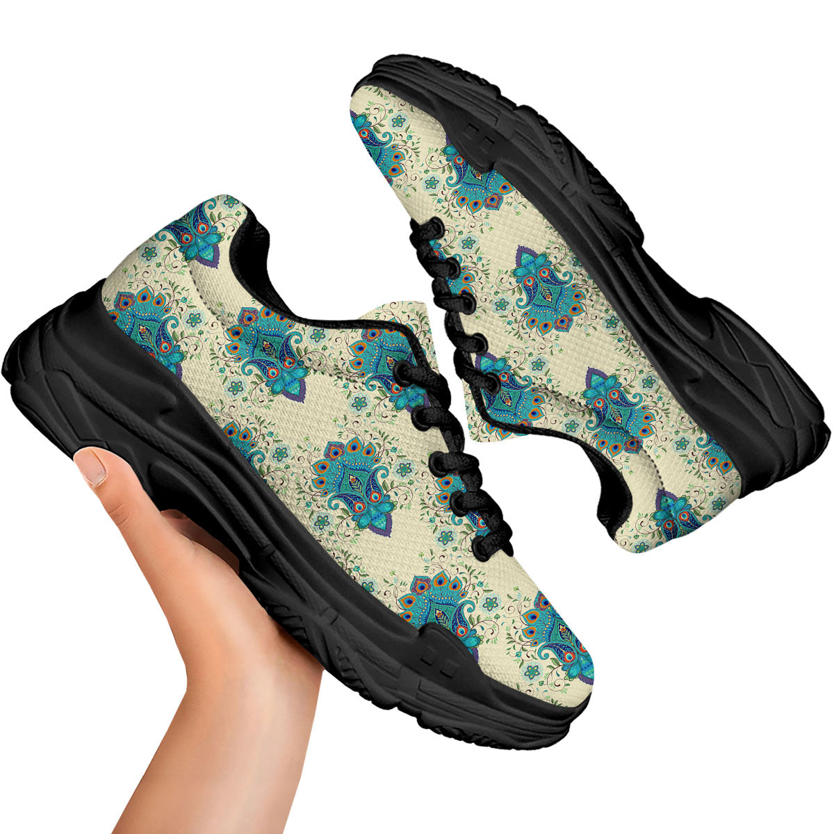 Peacock Feather Vintage Print Pattern Black Chunky Shoes-grizzshop