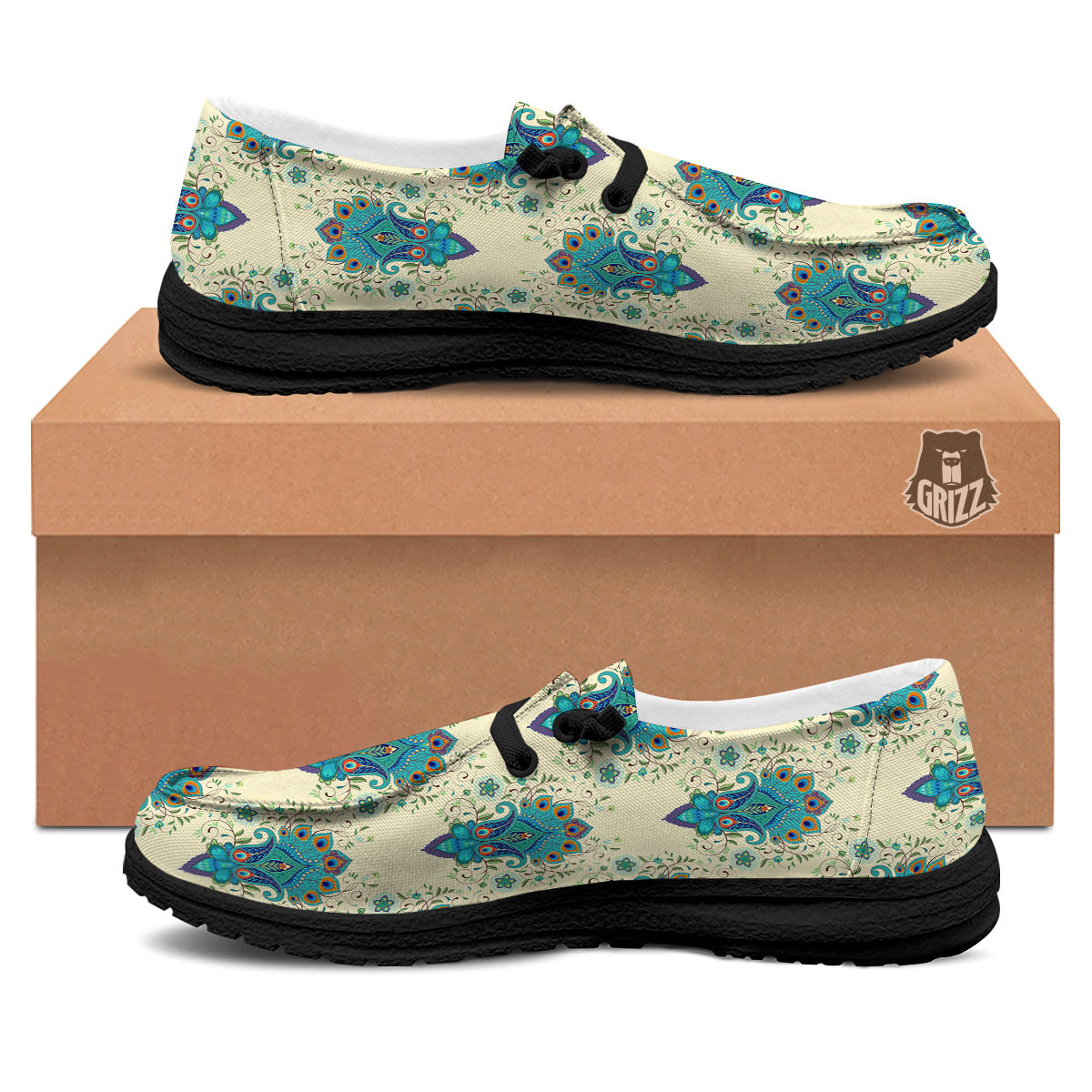 Peacock Feather Vintage Print Pattern Black Loafers-grizzshop