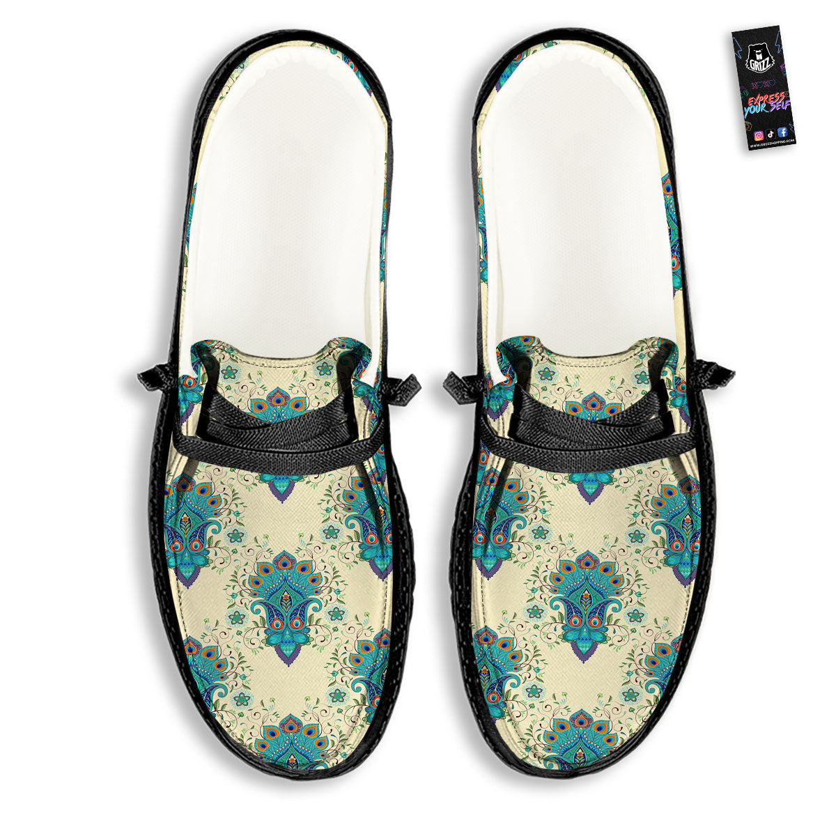 Peacock Feather Vintage Print Pattern Black Loafers-grizzshop