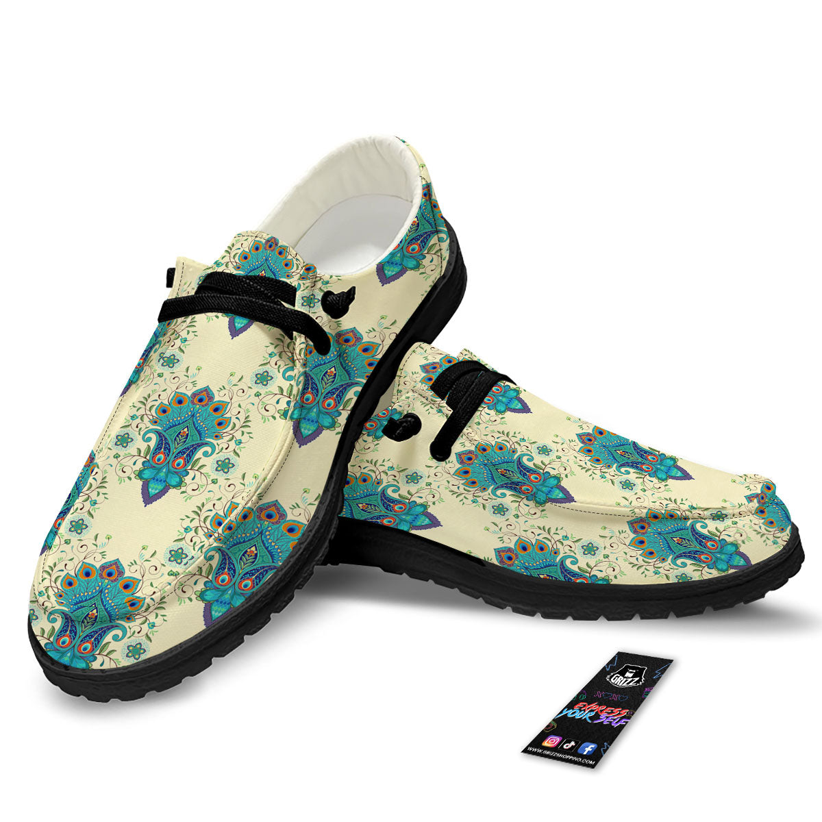 Peacock Feather Vintage Print Pattern Black Loafers-grizzshop