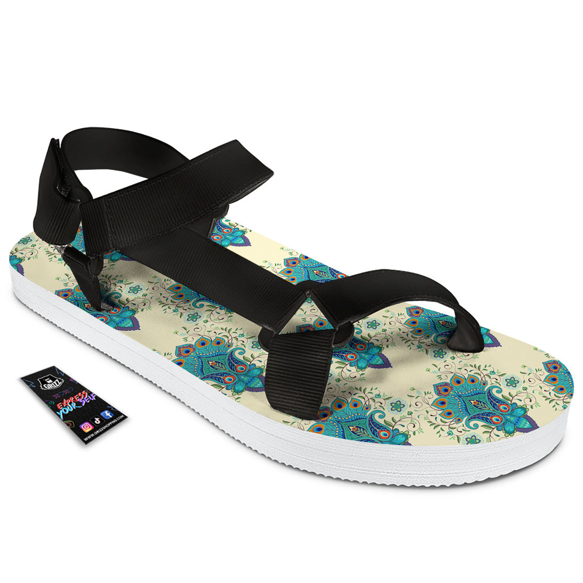 Peacock Feather Vintage Print Pattern Black Open Toe Sandals-grizzshop