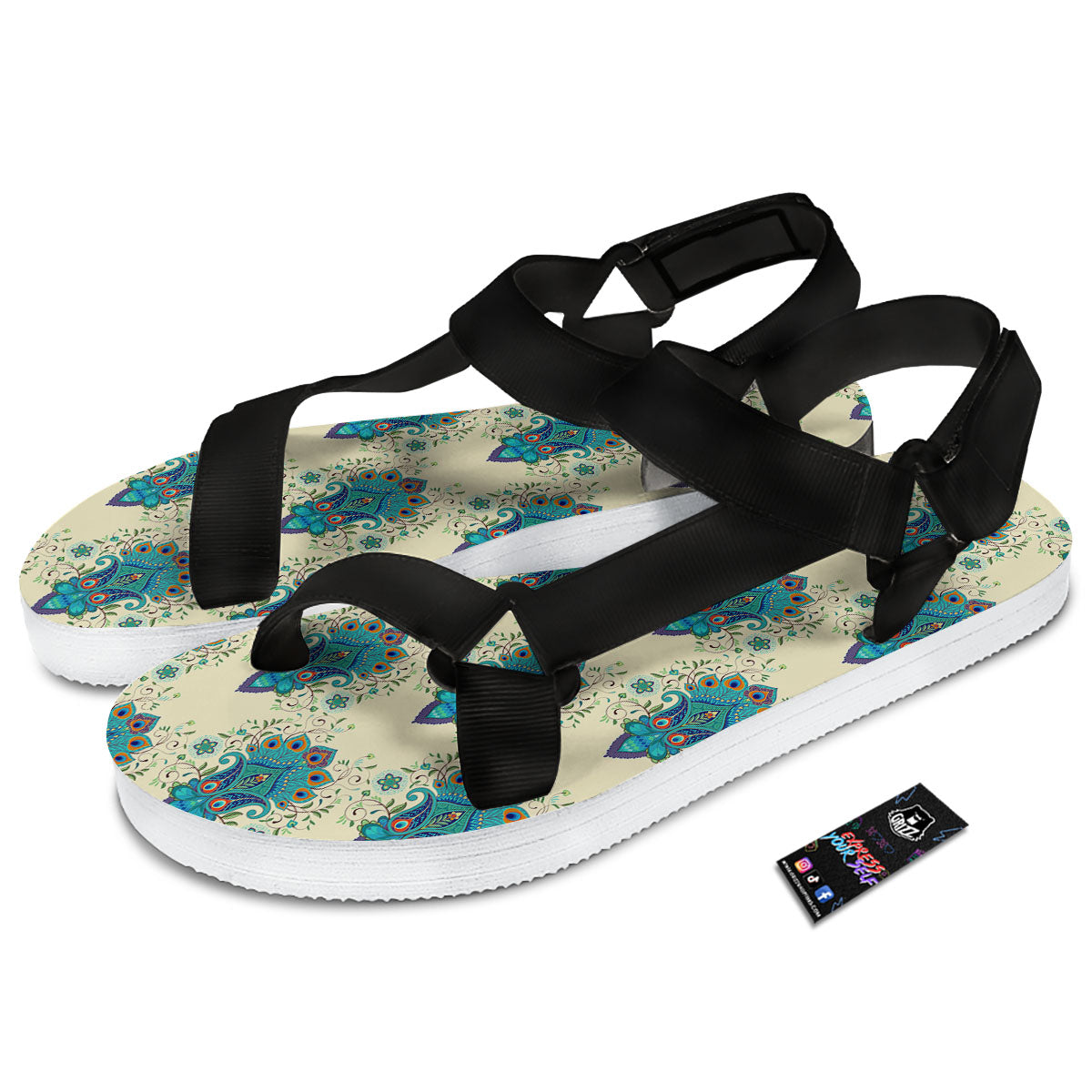 Peacock Feather Vintage Print Pattern Black Open Toe Sandals-grizzshop