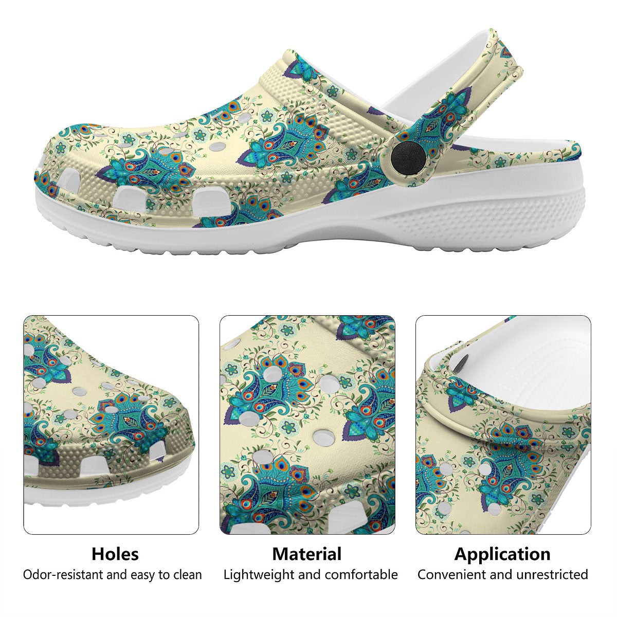 Peacock Feather Vintage Print Pattern Clog-grizzshop