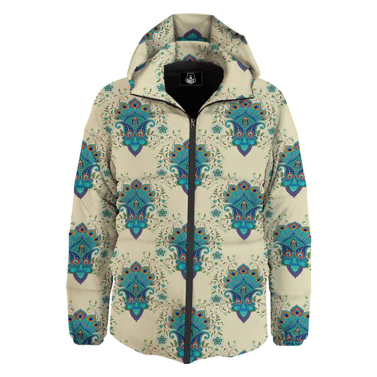 Peacock Feather Vintage Print Pattern Down Jacket-grizzshop