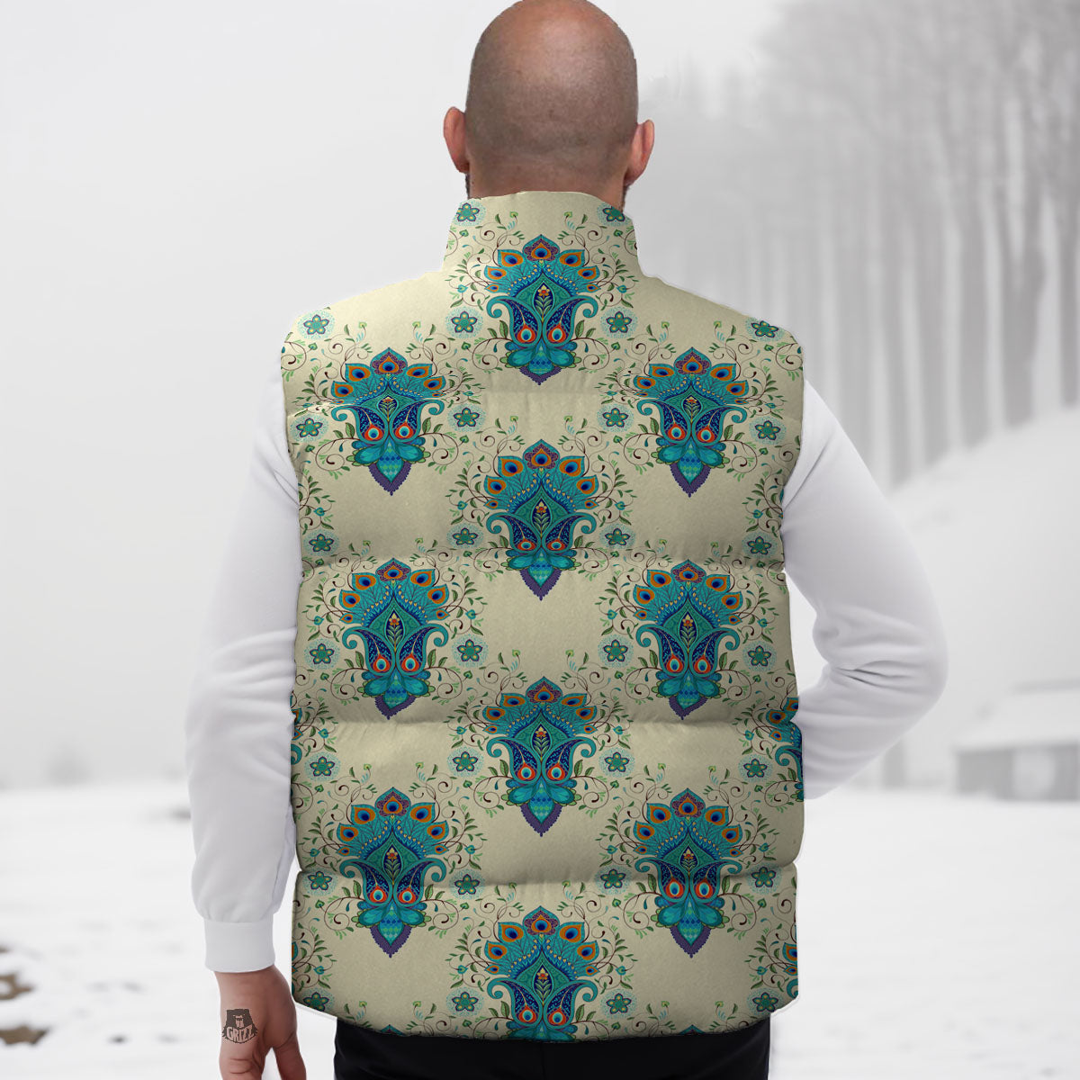 Peacock Feather Vintage Print Pattern Down Vest