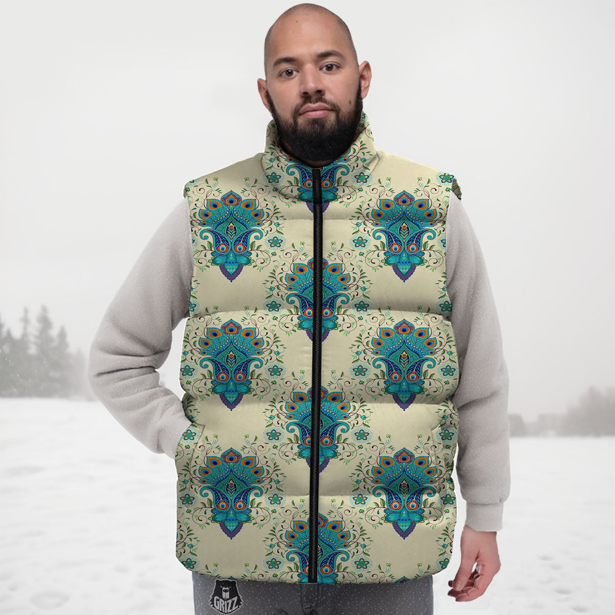 Peacock Feather Vintage Print Pattern Down Vest