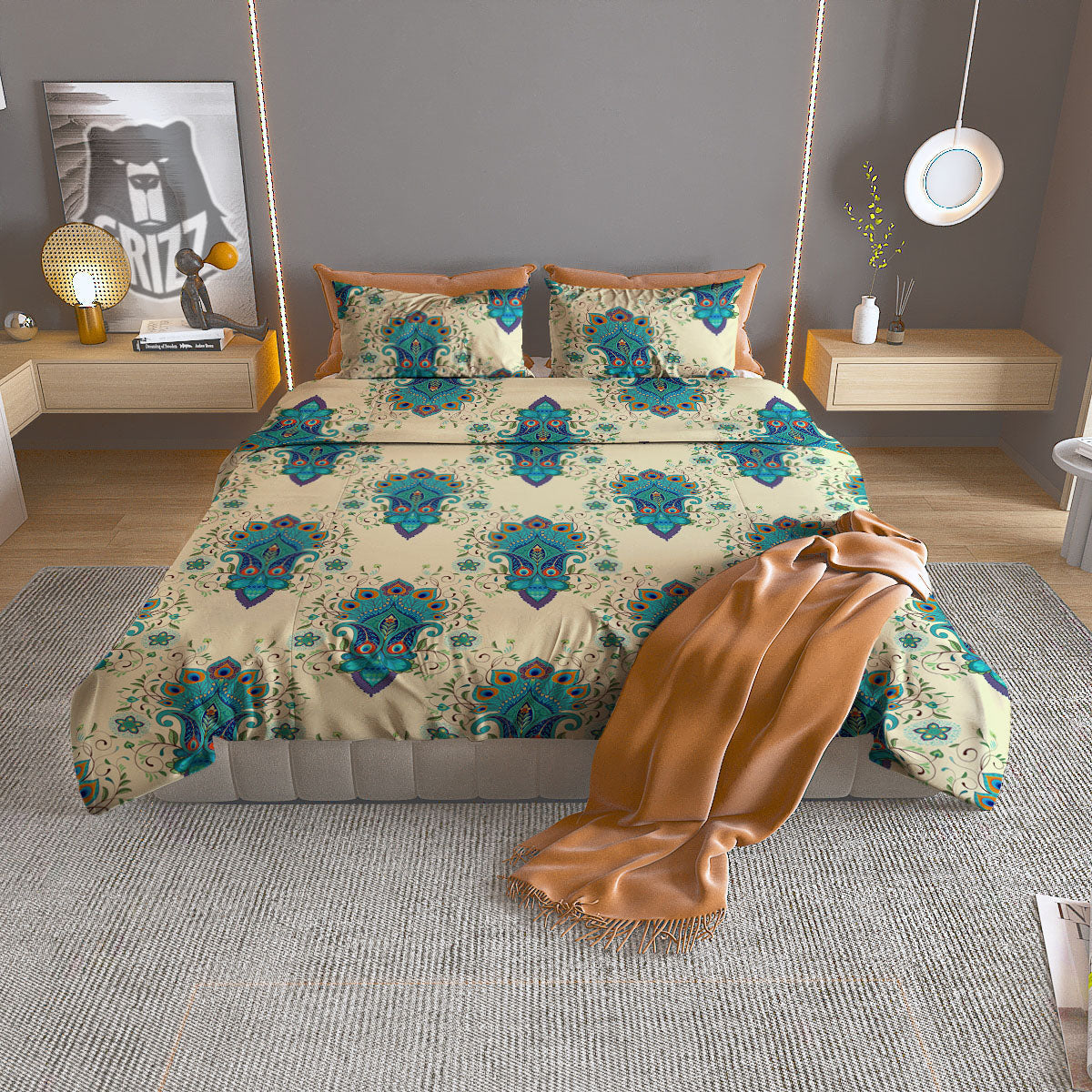 Peacock Feather Vintage Print Pattern Duvet Cover Bedding Set