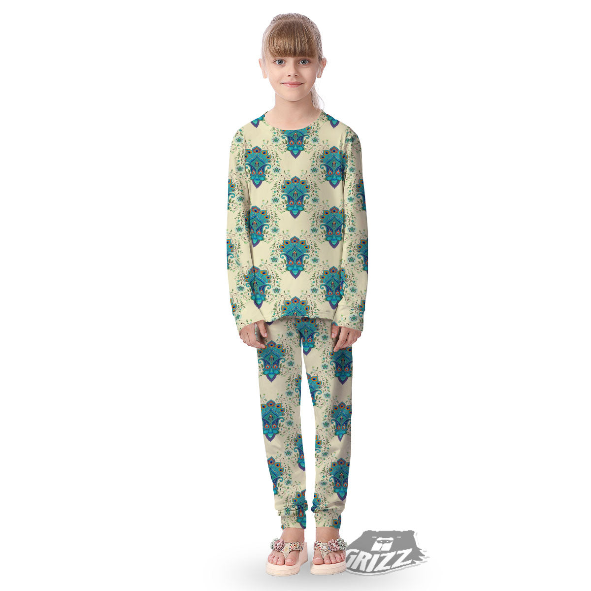 Peacock Feather Vintage Print Pattern Kid's Pajamas-grizzshop