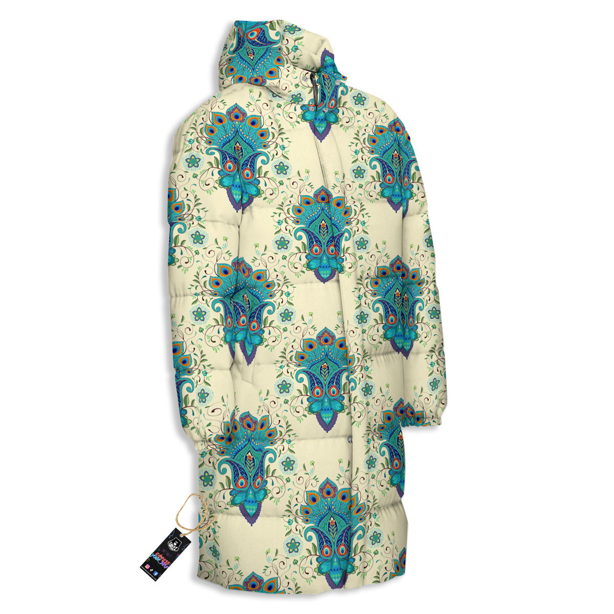 Peacock Feather Vintage Print Pattern Long Down Jacket-grizzshop