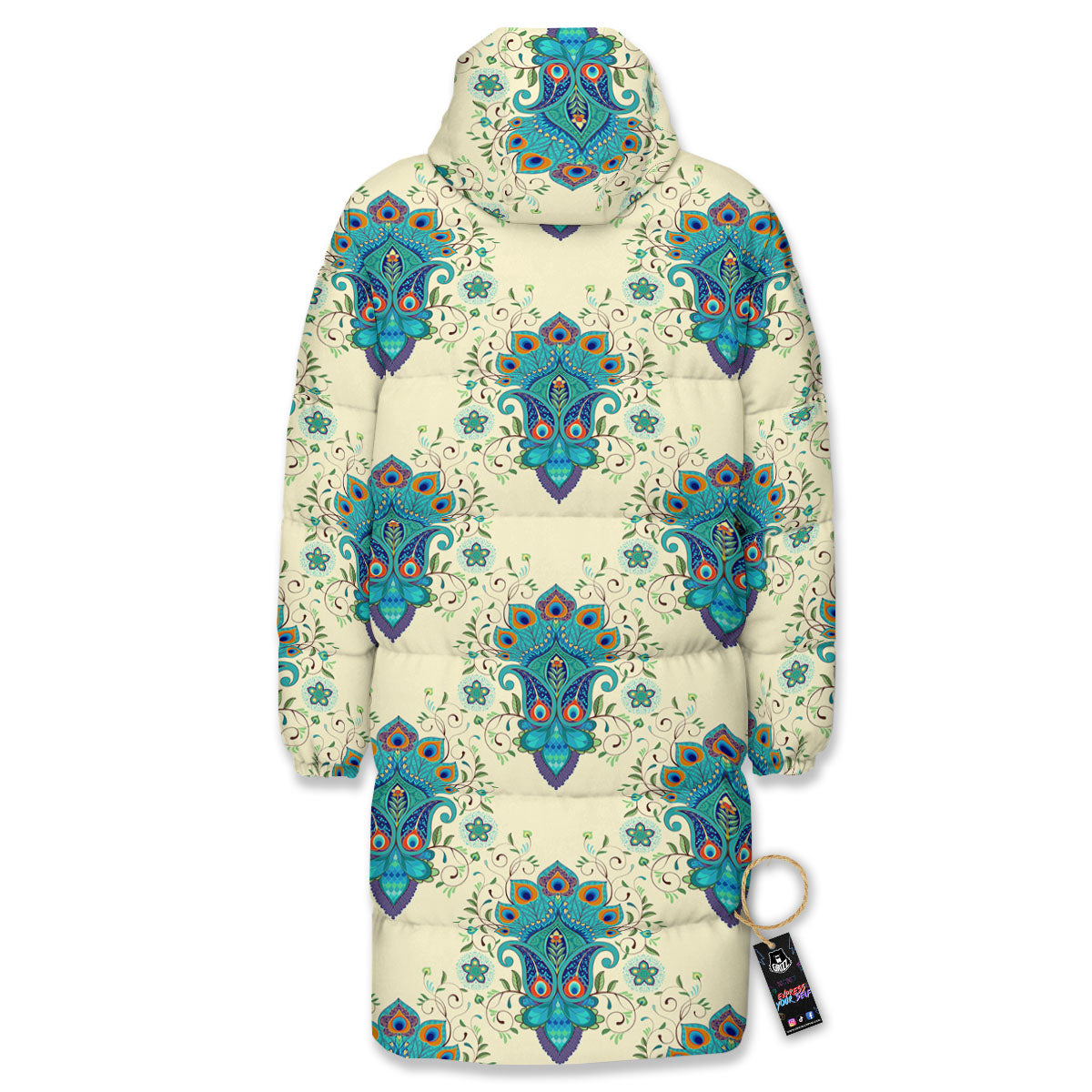 Peacock Feather Vintage Print Pattern Long Down Jacket-grizzshop