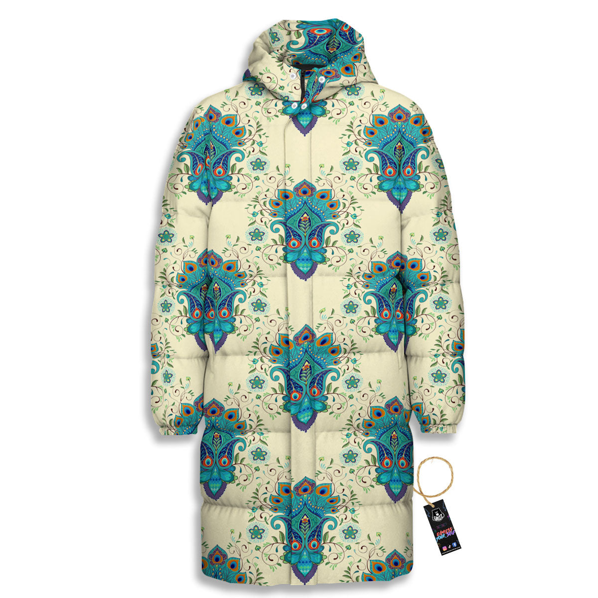 Peacock Feather Vintage Print Pattern Long Down Jacket-grizzshop
