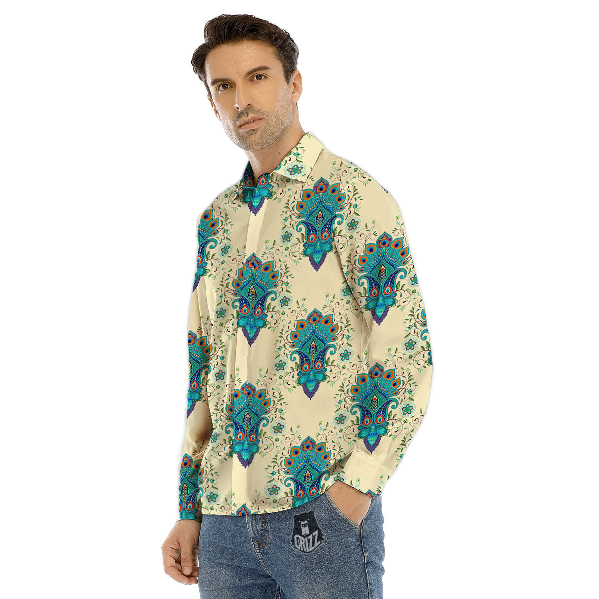 Peacock Feather Vintage Print Pattern Men's Dress Shirts-grizzshop