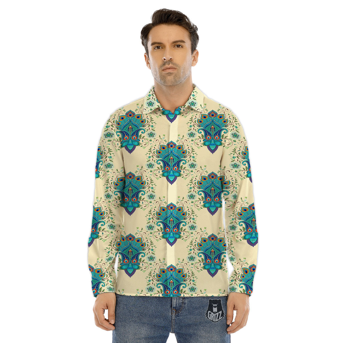 Peacock Feather Vintage Print Pattern Men's Dress Shirts-grizzshop