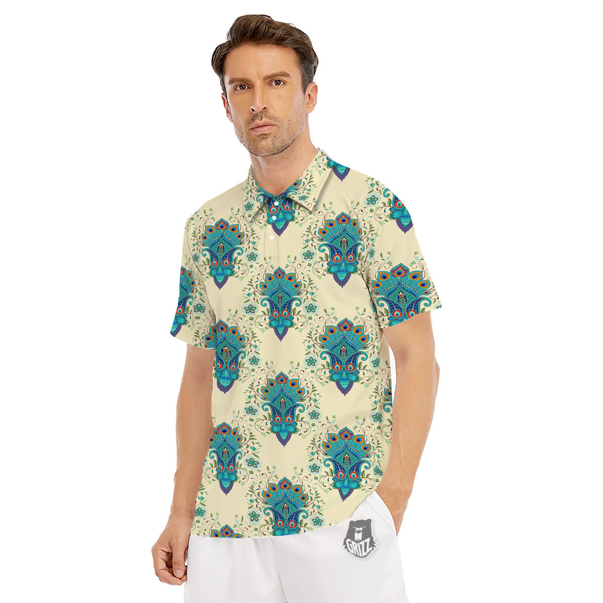 Peacock Feather Vintage Print Pattern Men's Golf Shirts-grizzshop