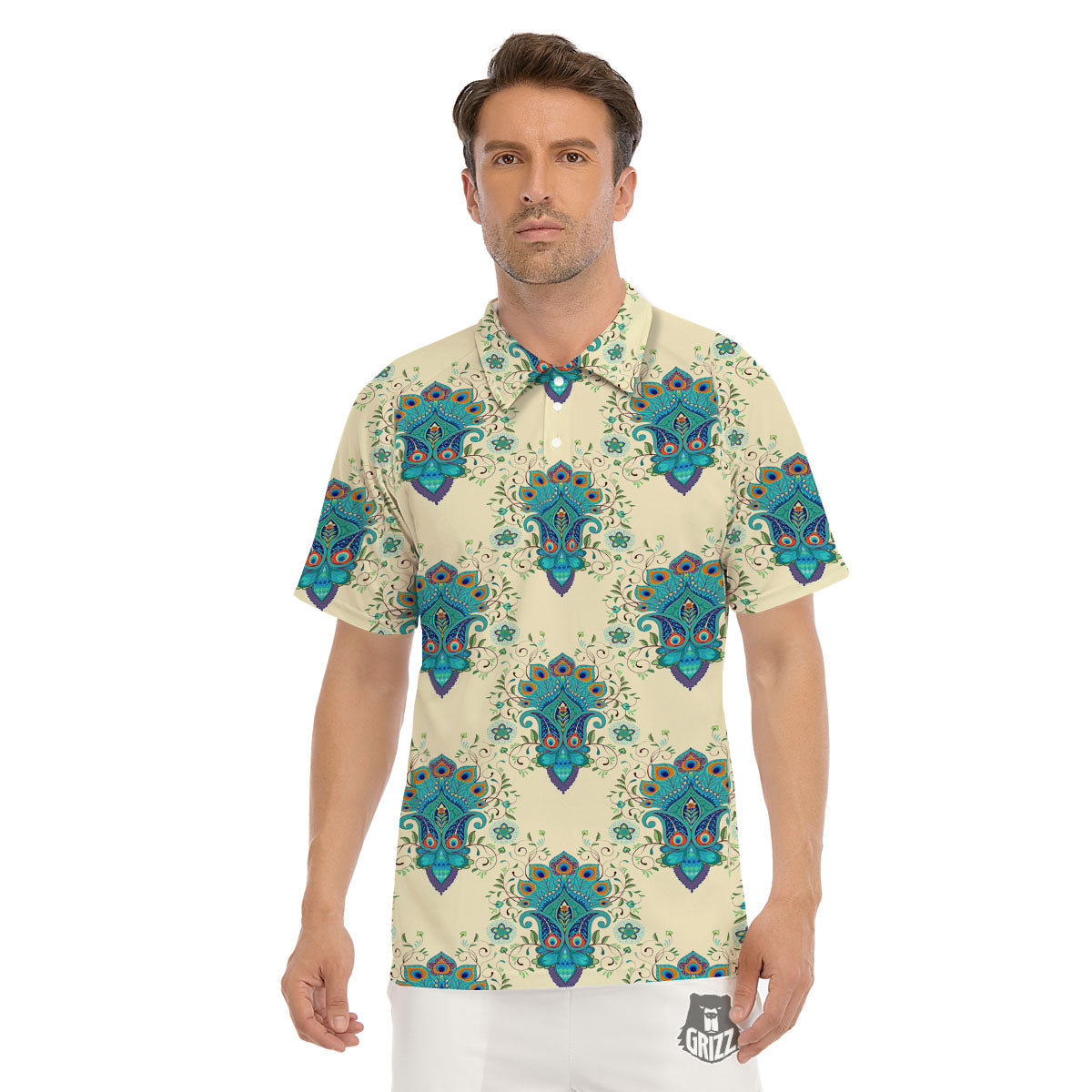 Peacock Feather Vintage Print Pattern Men's Golf Shirts-grizzshop