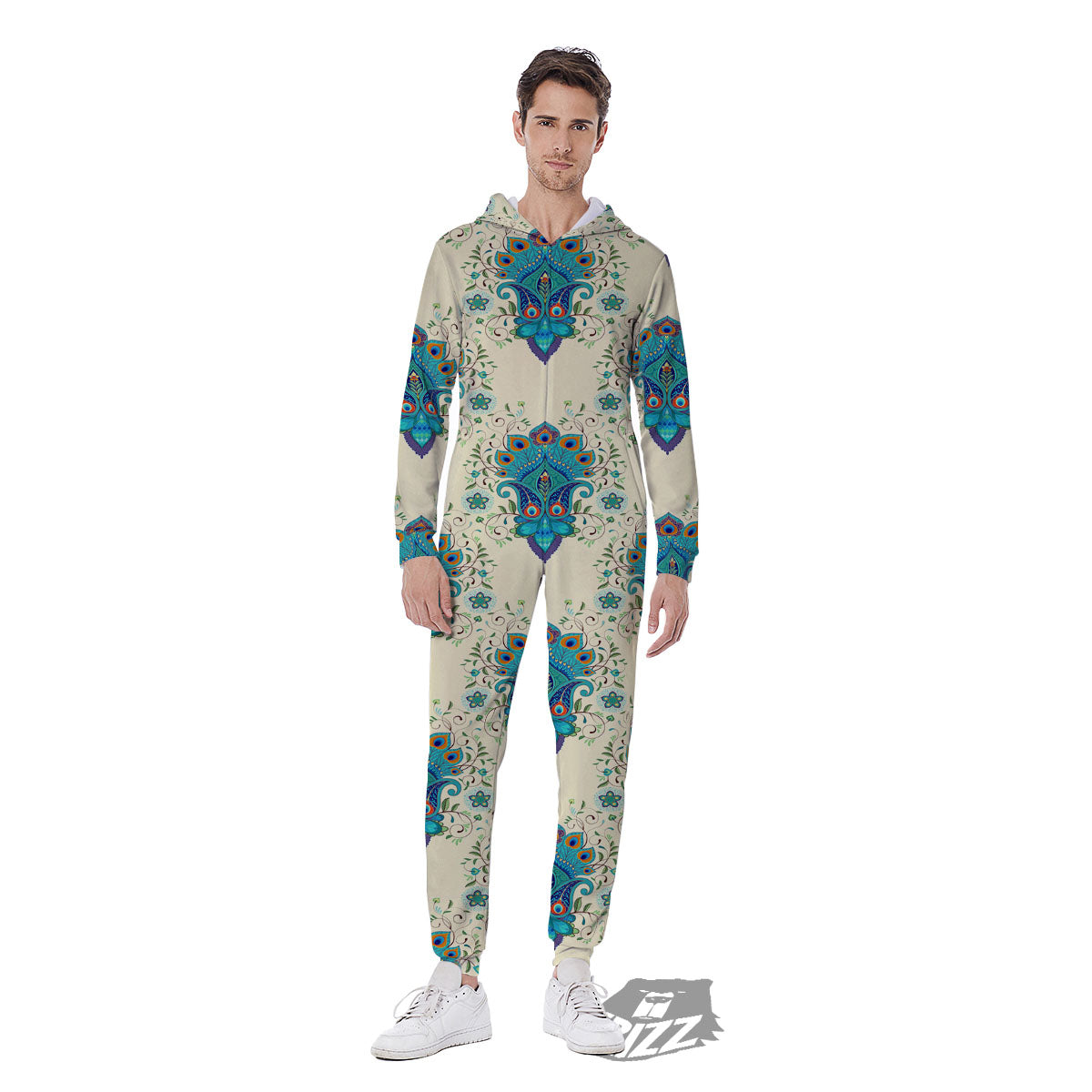 Peacock Feather Vintage Print Pattern Men's Jumpsuit-grizzshop