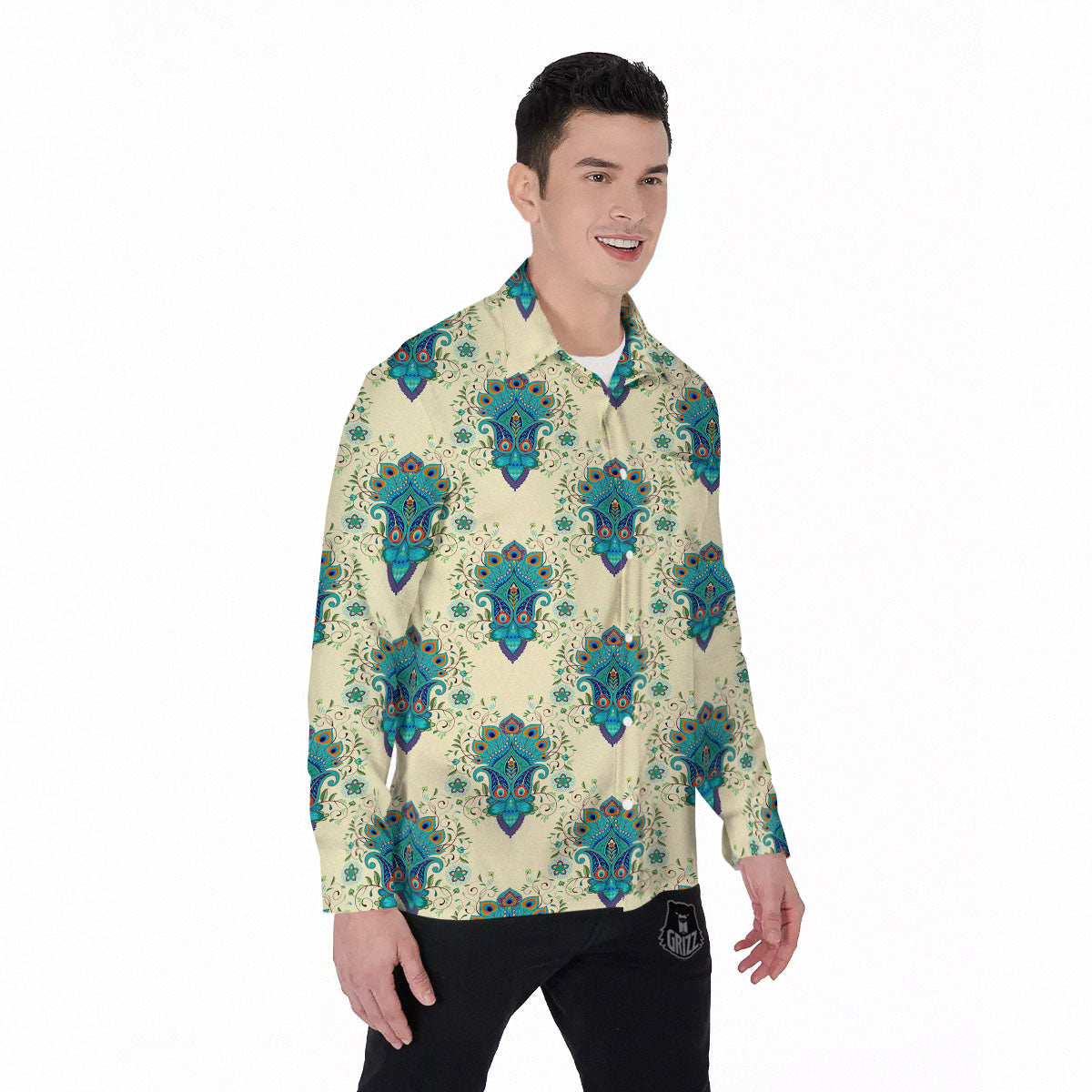 Peacock Feather Vintage Print Pattern Men's Long Sleeve Shirts-grizzshop