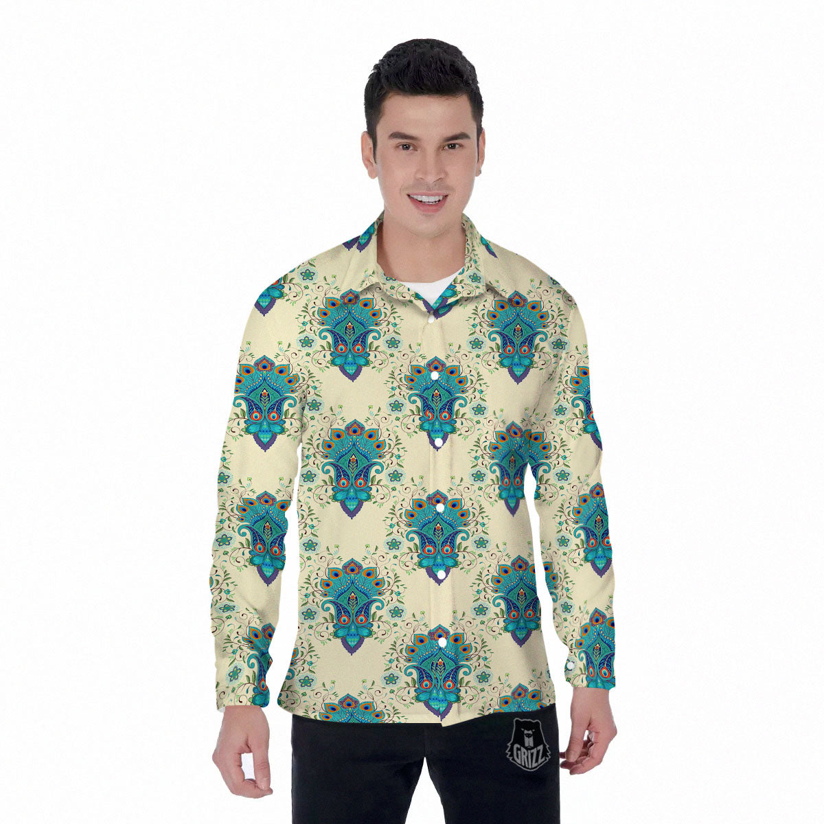 Peacock Feather Vintage Print Pattern Men's Long Sleeve Shirts-grizzshop