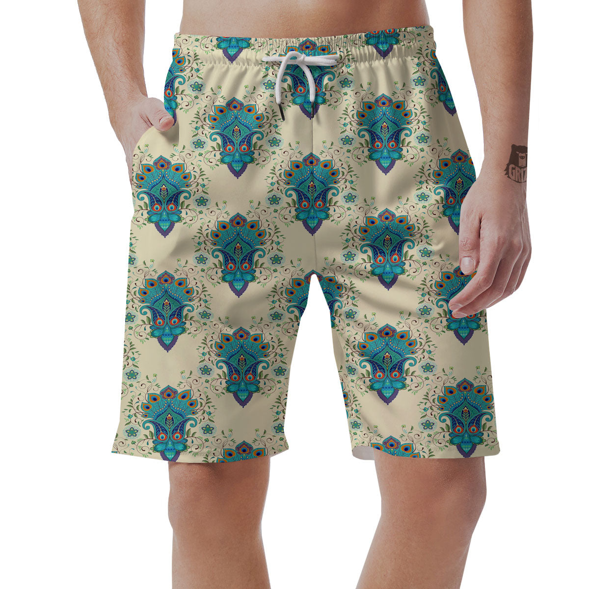 Peacock Feather Vintage Print Pattern Men's Shorts-grizzshop