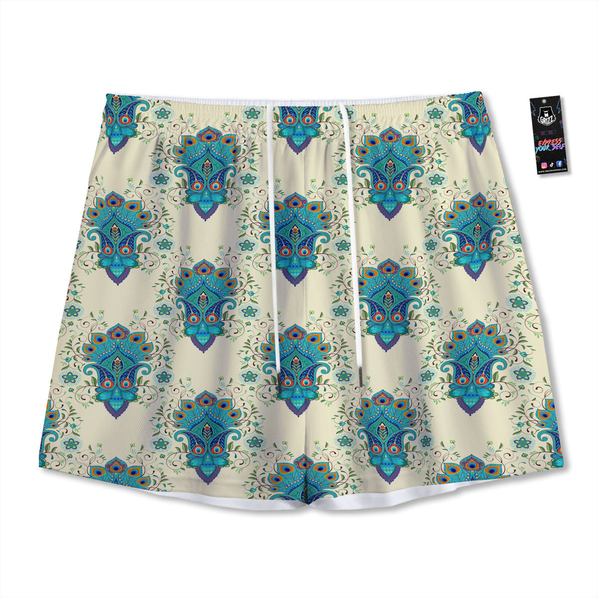 Peacock Feather Vintage Print Pattern Mesh Shorts