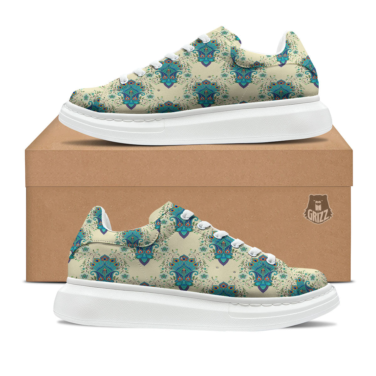 Peacock Feather Vintage Print Pattern Platform Shoes-grizzshop