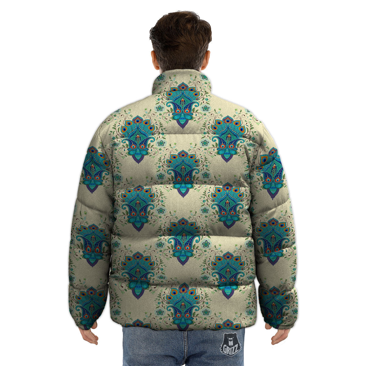 Peacock Feather Vintage Print Pattern Puffer Jacket-grizzshop