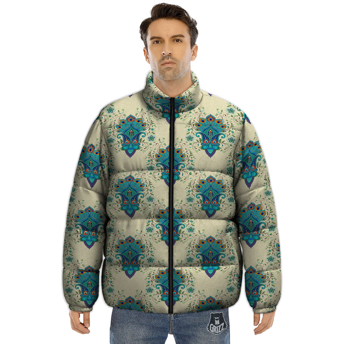 Peacock Feather Vintage Print Pattern Puffer Jacket-grizzshop