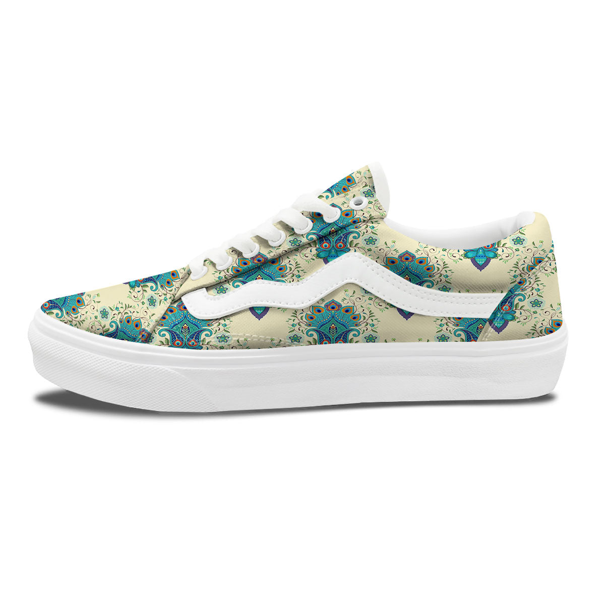 Peacock Feather Vintage Print Pattern Skate Shoes-grizzshop