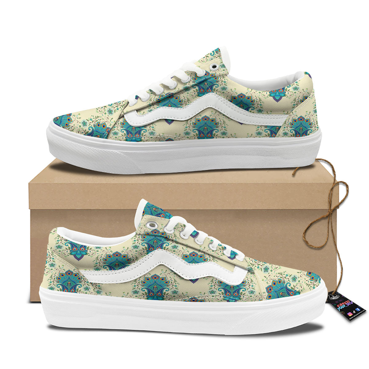 Peacock Feather Vintage Print Pattern Skate Shoes-grizzshop
