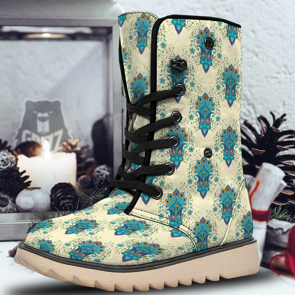 Peacock Feather Vintage Print Pattern Snow Boots-grizzshop