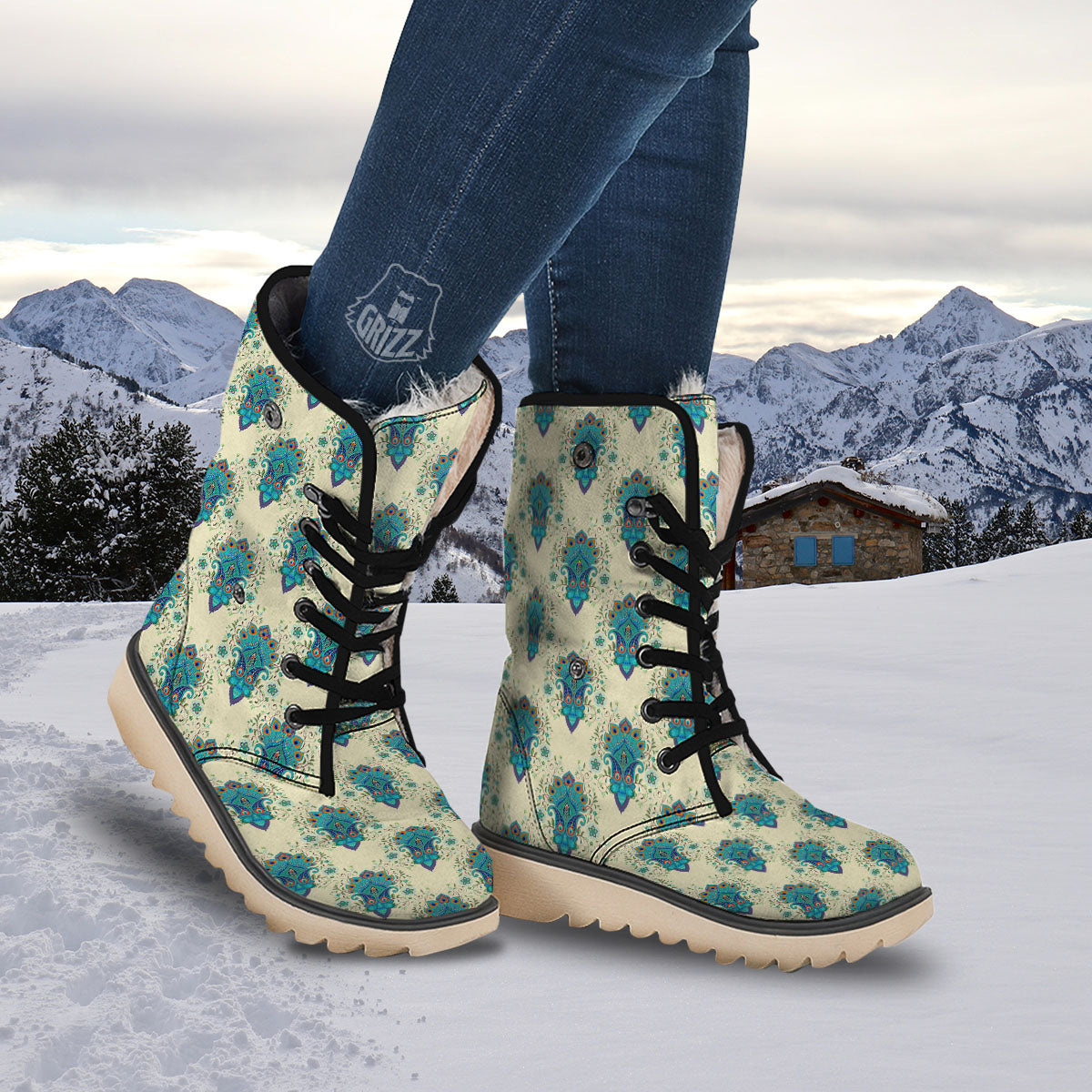 Peacock Feather Vintage Print Pattern Snow Boots-grizzshop
