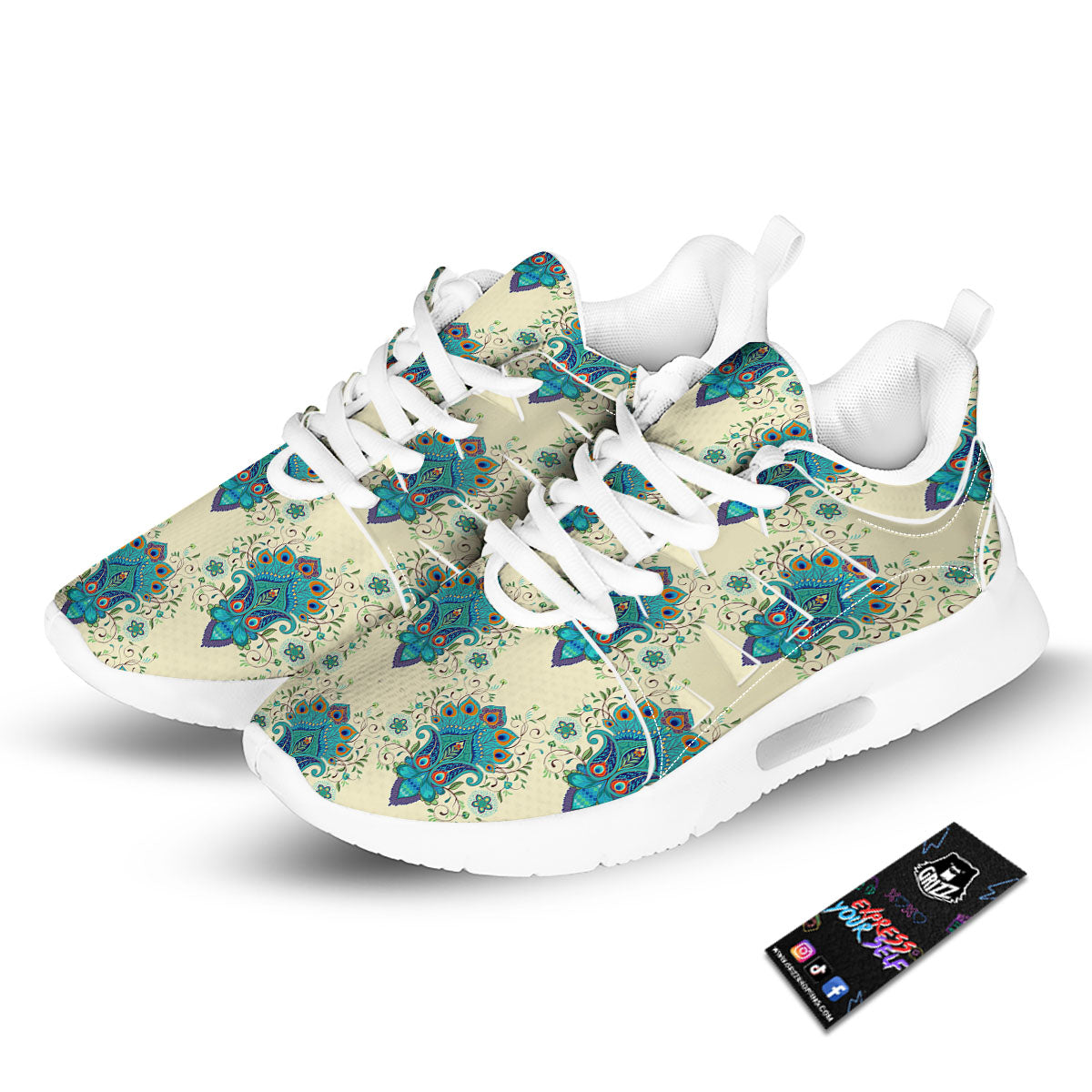 Peacock Feather Vintage Print Pattern Tennis Shoes-grizzshop