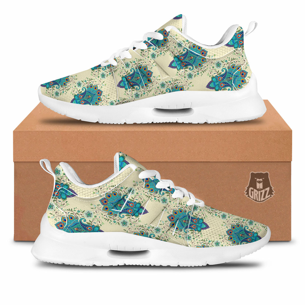 Peacock Feather Vintage Print Pattern Tennis Shoes-grizzshop