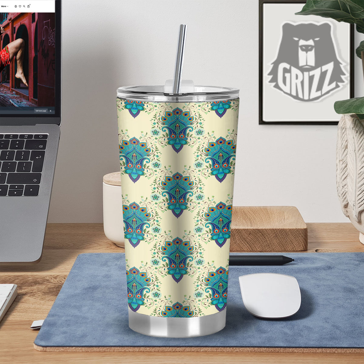 Peacock Feather Vintage Print Pattern Tumbler-grizzshop