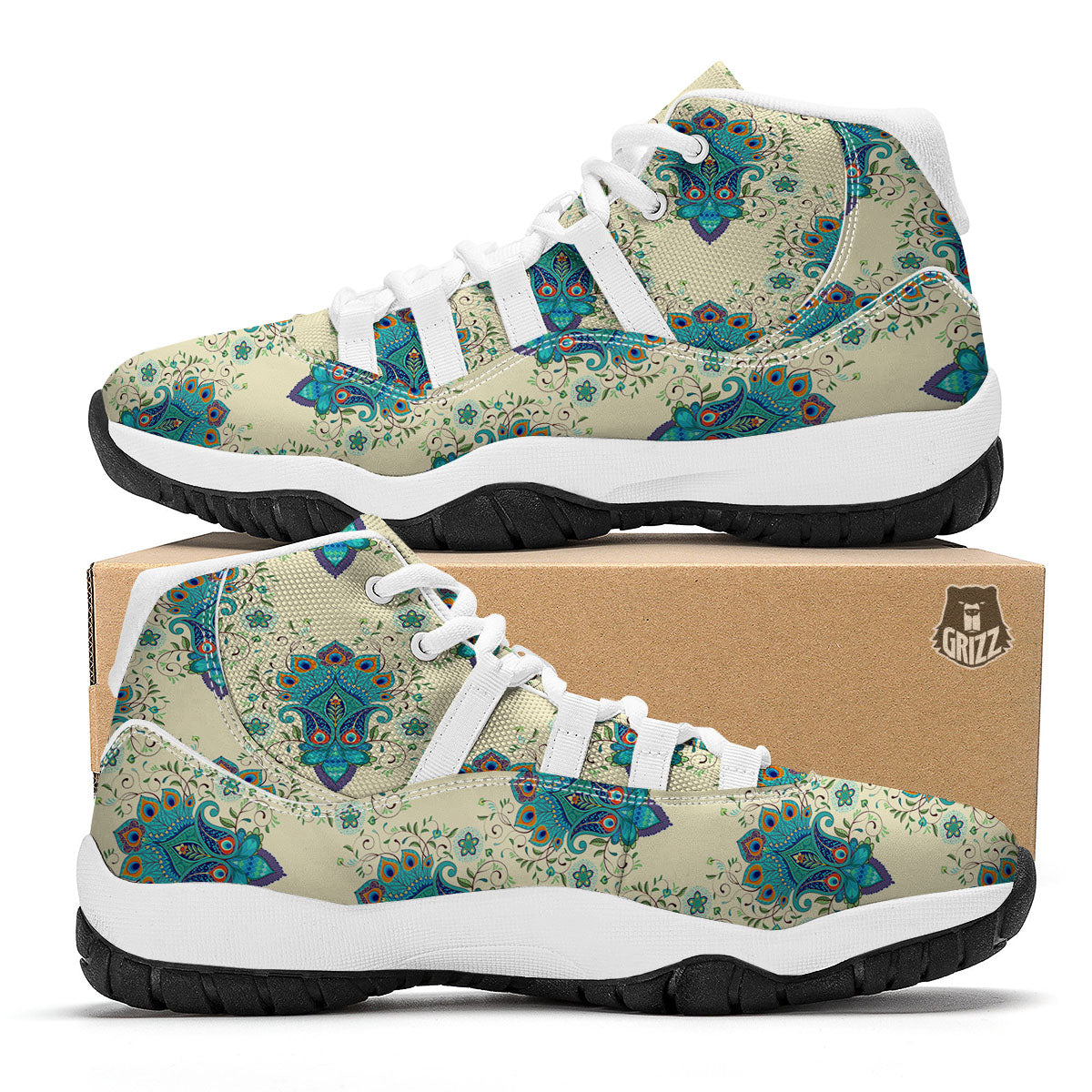 Peacock Feather Vintage Print Pattern White Bball Shoes-grizzshop